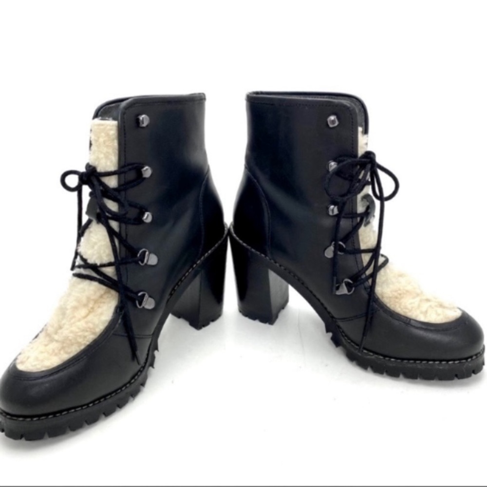 Seychelles Theater Sherpa Fur Leather Lace up Chunky Heel Hiker Boot BK Sz 8.5 - Picture 7 of 10